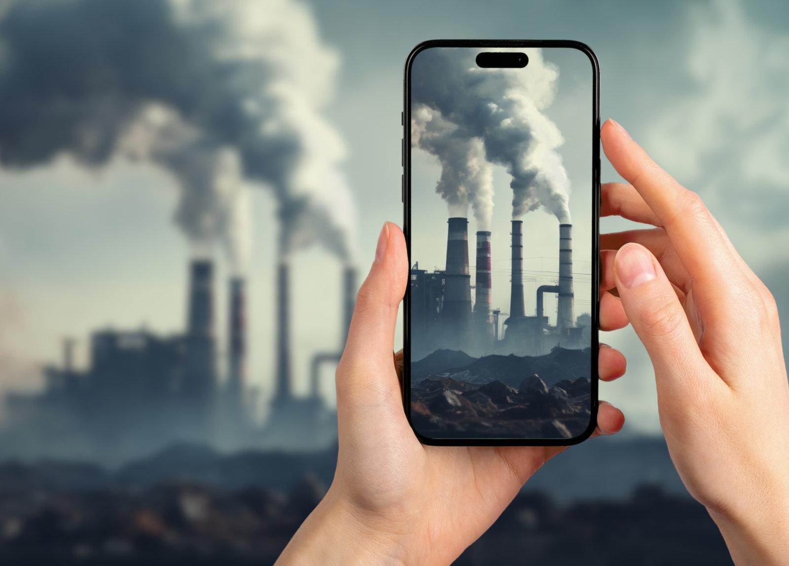 A person holding a phone, photographing industrial smokestacks polluting the sky